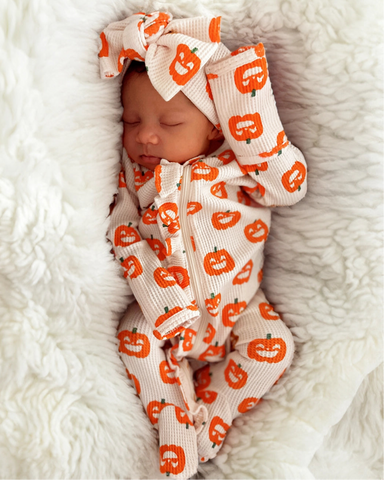 Waffle Zip Ruffle Footie Romper | White Jack-O-Lantern - PREORDER