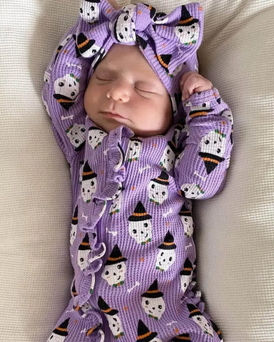 Waffle Zip Ruffle Footie Romper | Spooky Skeleton - PREORDER