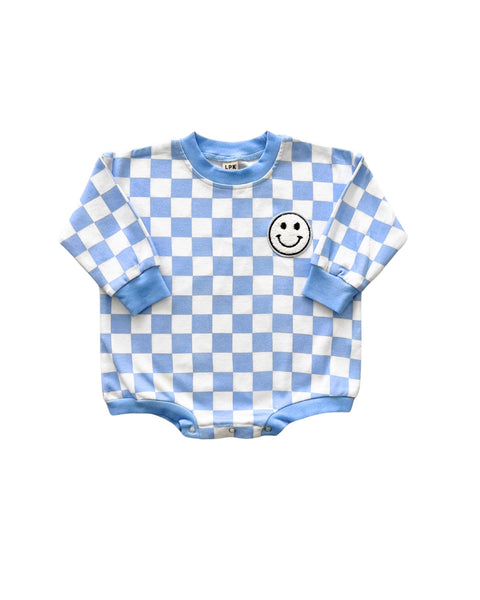 Checkered Smiley Long Sleeve Bubble Romper | Blue - PREORDER