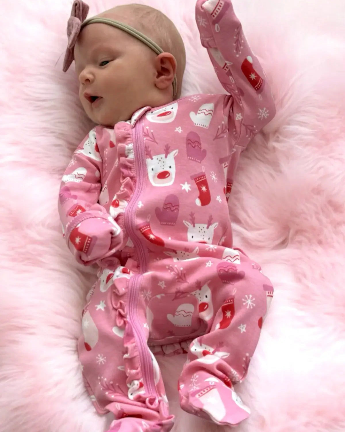 Zip Frill Footie Romper | Pink Reindeer - PREORDER