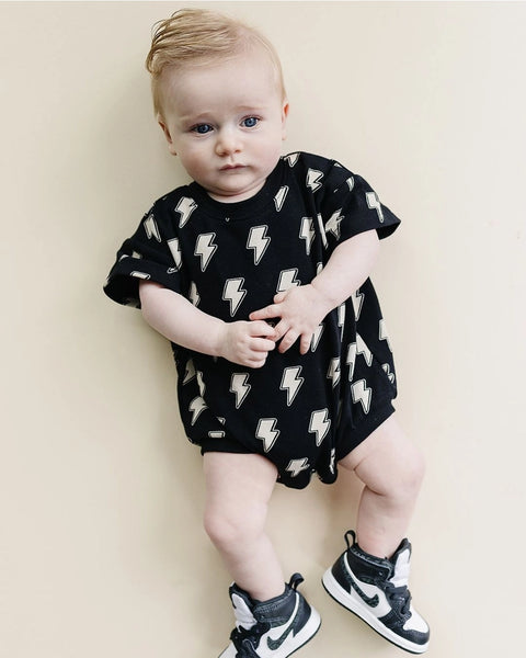 Short Sleeve Bubble Romper | Black Bolts - PREORDER
