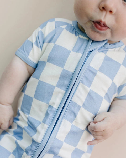 Checkered Bamboo Shorty Romper | Blue - PREORDER
