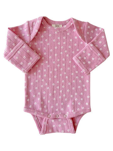 Organic Pointelle Long Sleeve Bodysuit | Pink Flower - PREORDER