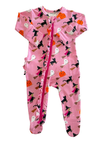 Zip Ruffle Footie Romper | Pink Broomstick Friends - PREORDER