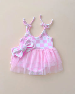 Checkered Tutu Romper | Pink - PREORDER