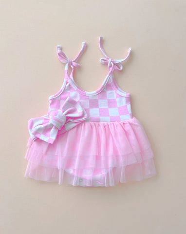 Checkered Tutu Romper | Pink - PREORDER