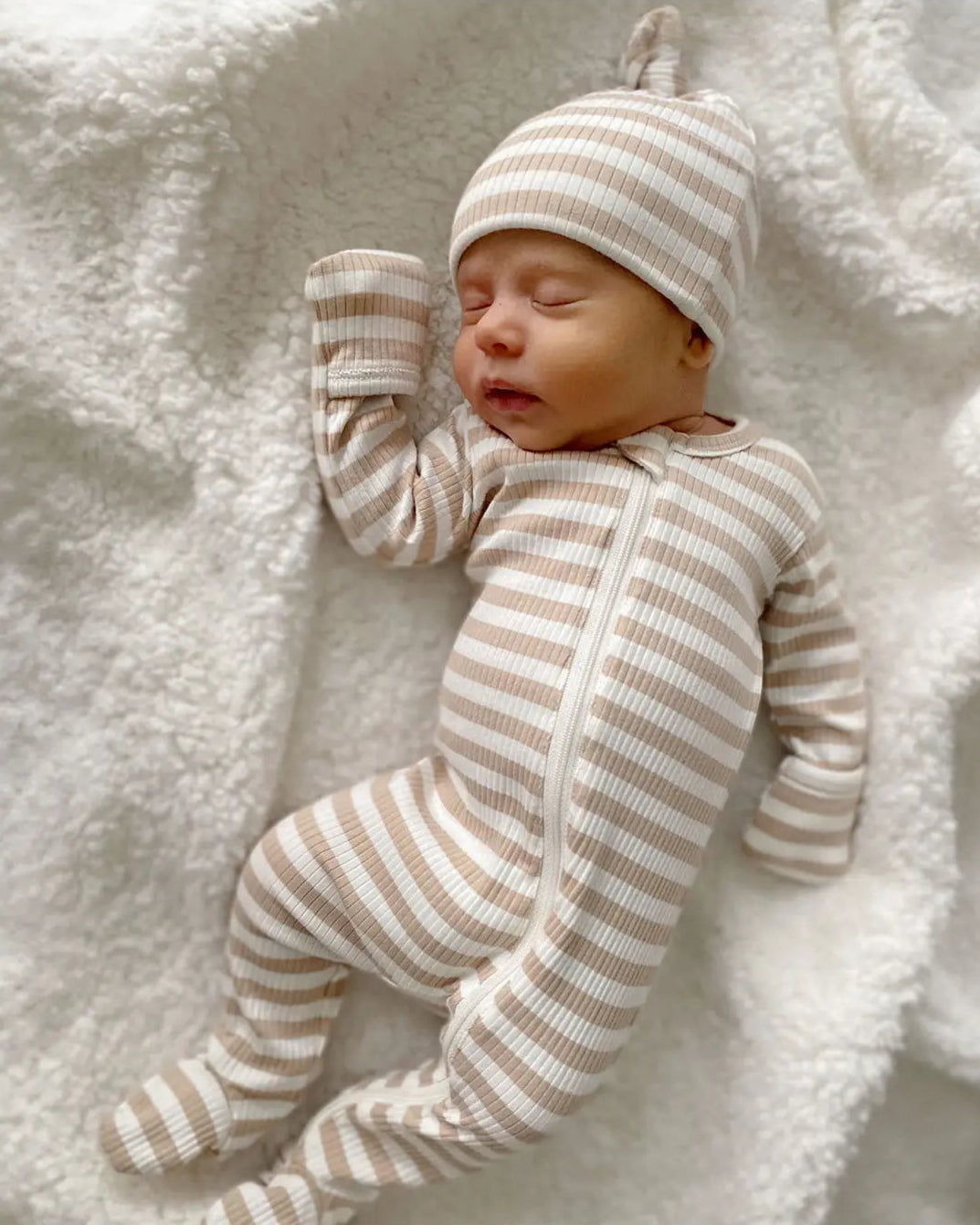 Ribbed Zip Footie Romper | Cream Stripes - PREORDER