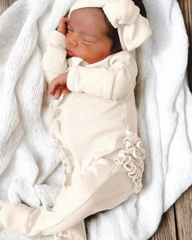 Ribbed Zip Ruffle Footie Romper | Ivory - PREORDER