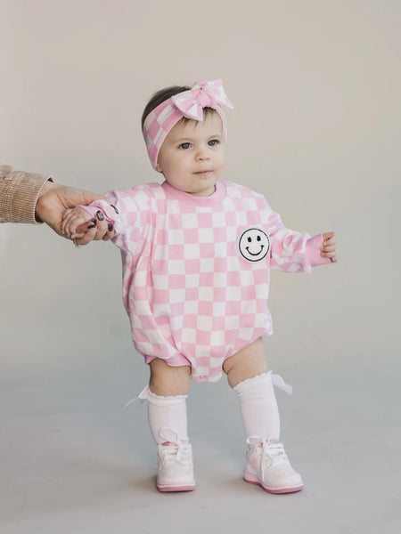 Checkered Smiley Long Sleeve Bubble Romper | Pink - PREORDER