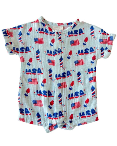 4th of July Henley Shortall Romper | Blue - PREORDER