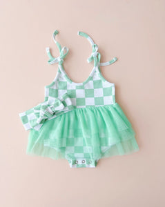 Checkered Tutu Romper | Mint - PREORDER