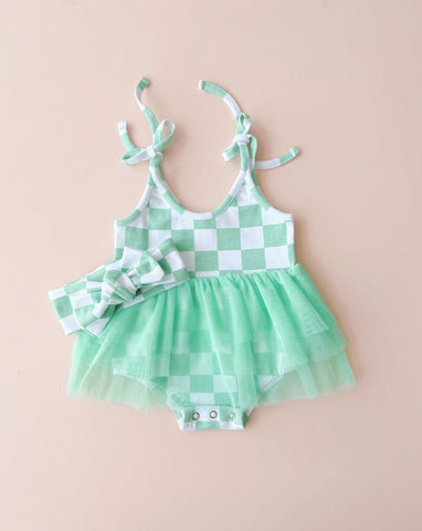 Checkered Tutu Romper | Mint - PREORDER