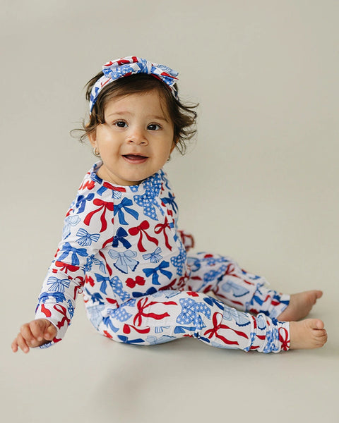 Bamboo Zip Romper | Red-White & Bows - PREORDER