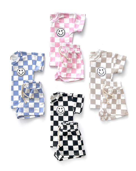 Checkered Smiley Top & Shorts Set | Pink - PREORDER