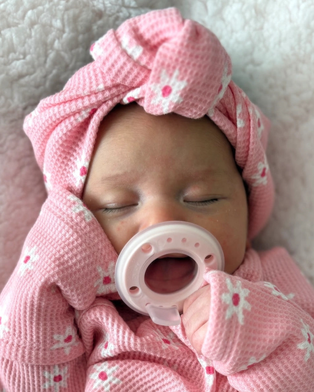 Waffle Turban Bow | Pink Flower - PREORDER