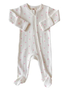 Organic Pointelle Zip Footie | White w/ Pink Heart - PREORDER