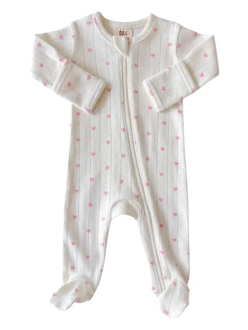 Organic Pointelle Zip Footie | White w/ Pink Heart - PREORDER