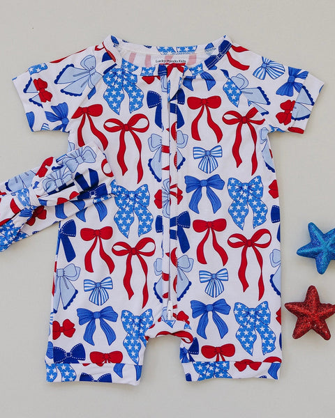 Bamboo Shorty Romper | Red-White & Bows - PREORDER