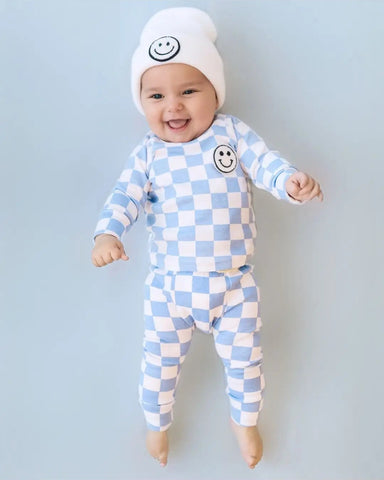 Checkered Smiley Top & Pants Set | Blue - PREORDER
