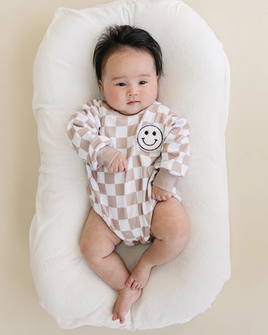 Checkered Smiley Long Sleeve Bubble Romper | Latte - PREORDER