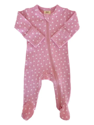 Organic Pointelle Zip Footie | Pink Flower - PREORDER