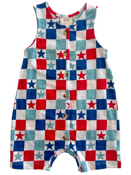 Tank Button Shorts Romper | Blue USA Checkerboard & Stars - PREORDER