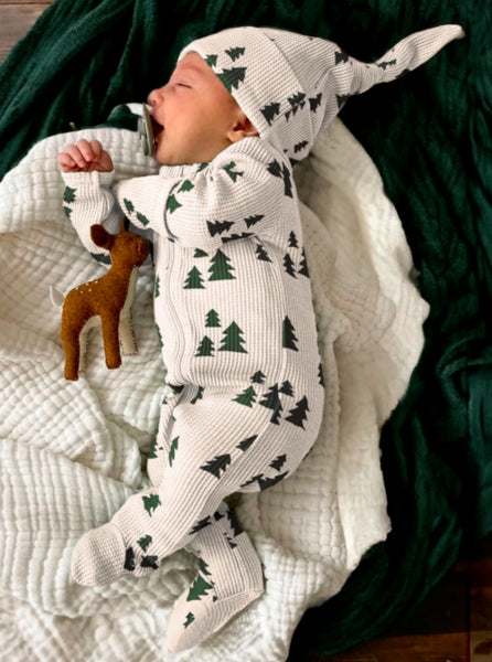 Waffle Zip Footie Romper | Forest Green Trees - PREORDER