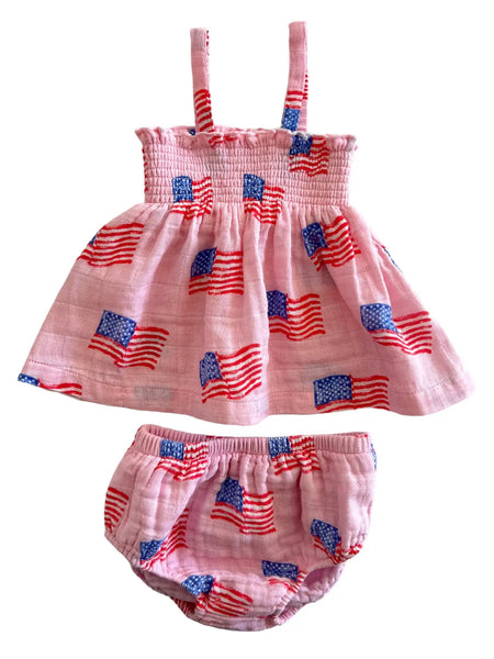 Smocked Ruffle Top & Bloomer Set | American Flag Pink - PREORDER