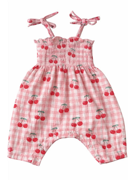 Smocked Ruffle Jumpsuit | Gingham Cherries - PREORDER