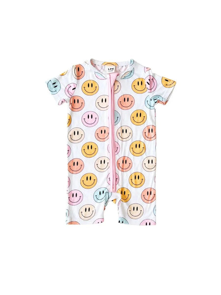 Smiley Bamboo Shorty Romper | Pink - PREORDER