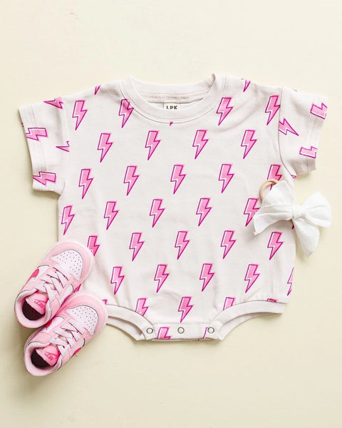 Short Sleeve Bubble Romper | Pink Bolts - PREORDER