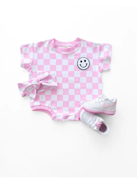 Checkered Smiley Short Sleeve Bubble Romper | Pink - PREORDER