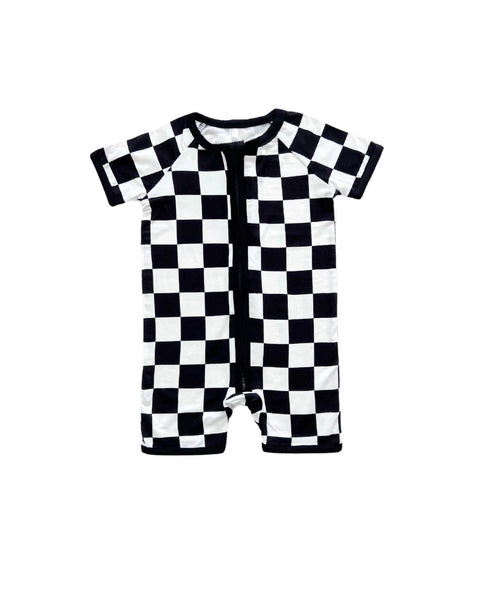 Checkered Bamboo Shorty Romper | Black - PREORDER