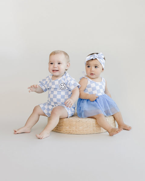 Checkered Smiley Top & Shorts Set | Blue - PREORDER