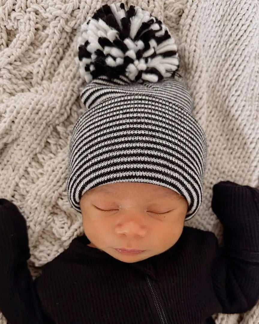 Baby's First Hat | Black/White Stripe Pom - PREORDER