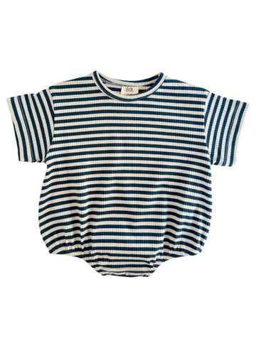 Ribbed Bubble Romper | Steel Blue Stripes - PREORDER