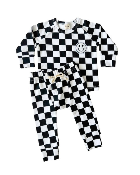 Checkered Smiley Top & Pants Set | Black - PREORDER