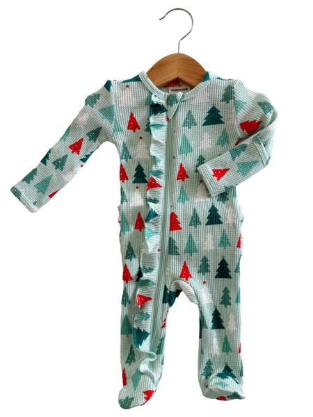 Waffle Zip Ruffle Footie Romper | Festive Firs - PREORDER