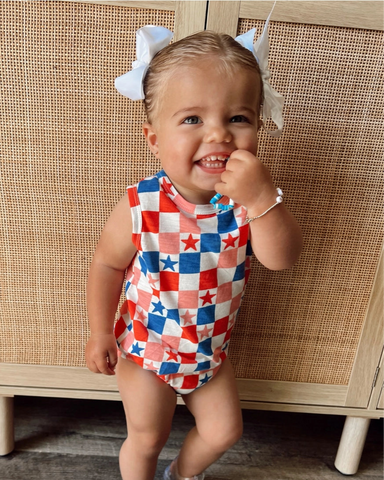Tank Bubble Romper | Pink USA Checkerboard & Stars - PREORDER