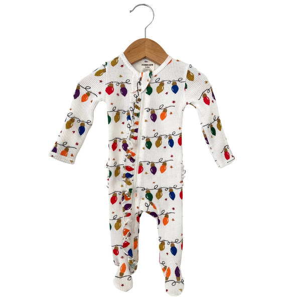 Waffle Zip Ruffle Footie Romper | Christmas Lights - PREORDER