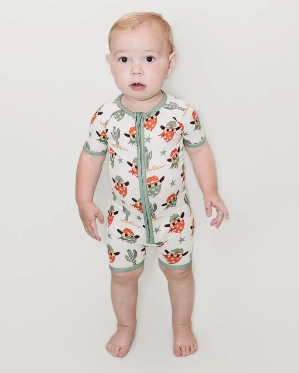 Bamboo Shorty Romper | Smiley Cowboy - PREORDER
