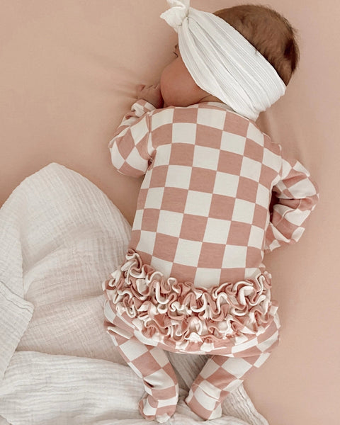 Zip Ruffle Footie Romper | Strawberry Shortcake Checkerboard - PREORDER