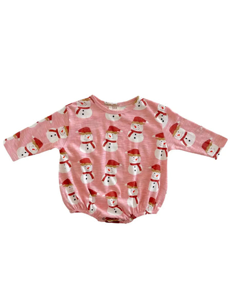 Long Sleeve Bubble Romper | Pink Snowman - PREORDER