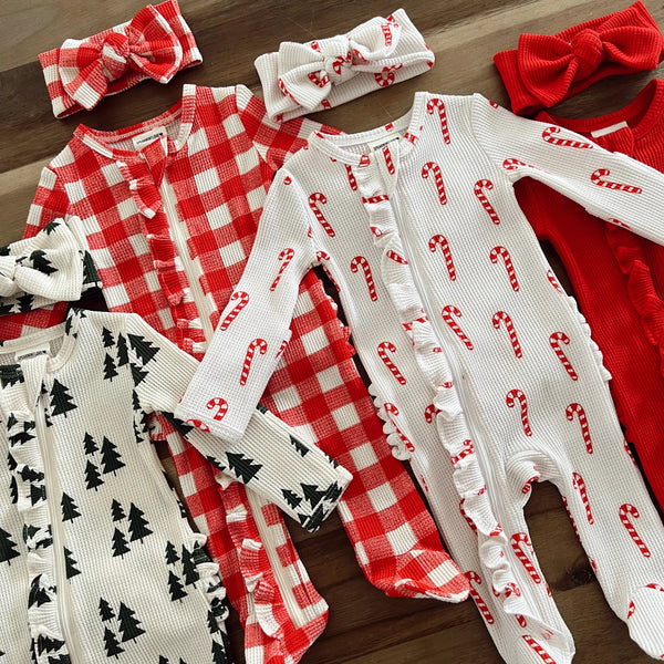 Waffle Zip Ruffle Footie Romper | Green Christmas Trees - PREORDER