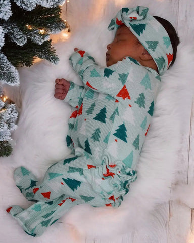 Waffle Zip Ruffle Footie Romper | Festive Firs - PREORDER