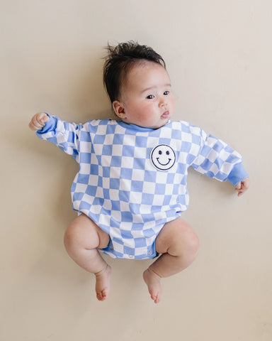 Checkered Smiley Long Sleeve Bubble Romper | Blue - PREORDER