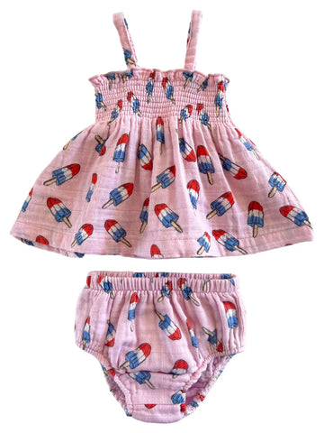 Smocked Ruffle Top & Bloomer Set | Pink Red, White & Blue Popsicle - PREORDER