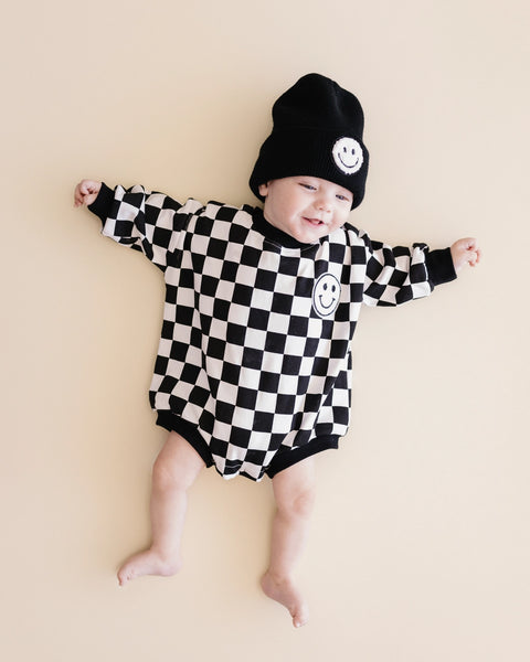 Checkered Smiley Long Sleeve Bubble Romper | Black - PREORDER