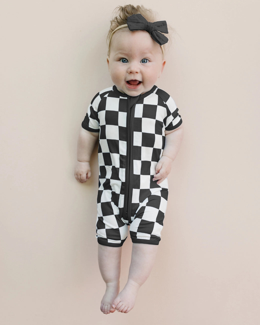 Checkered Bamboo Shorty Romper | Black - PREORDER