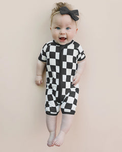 Checkered Bamboo Shorty Romper | Black - PREORDER